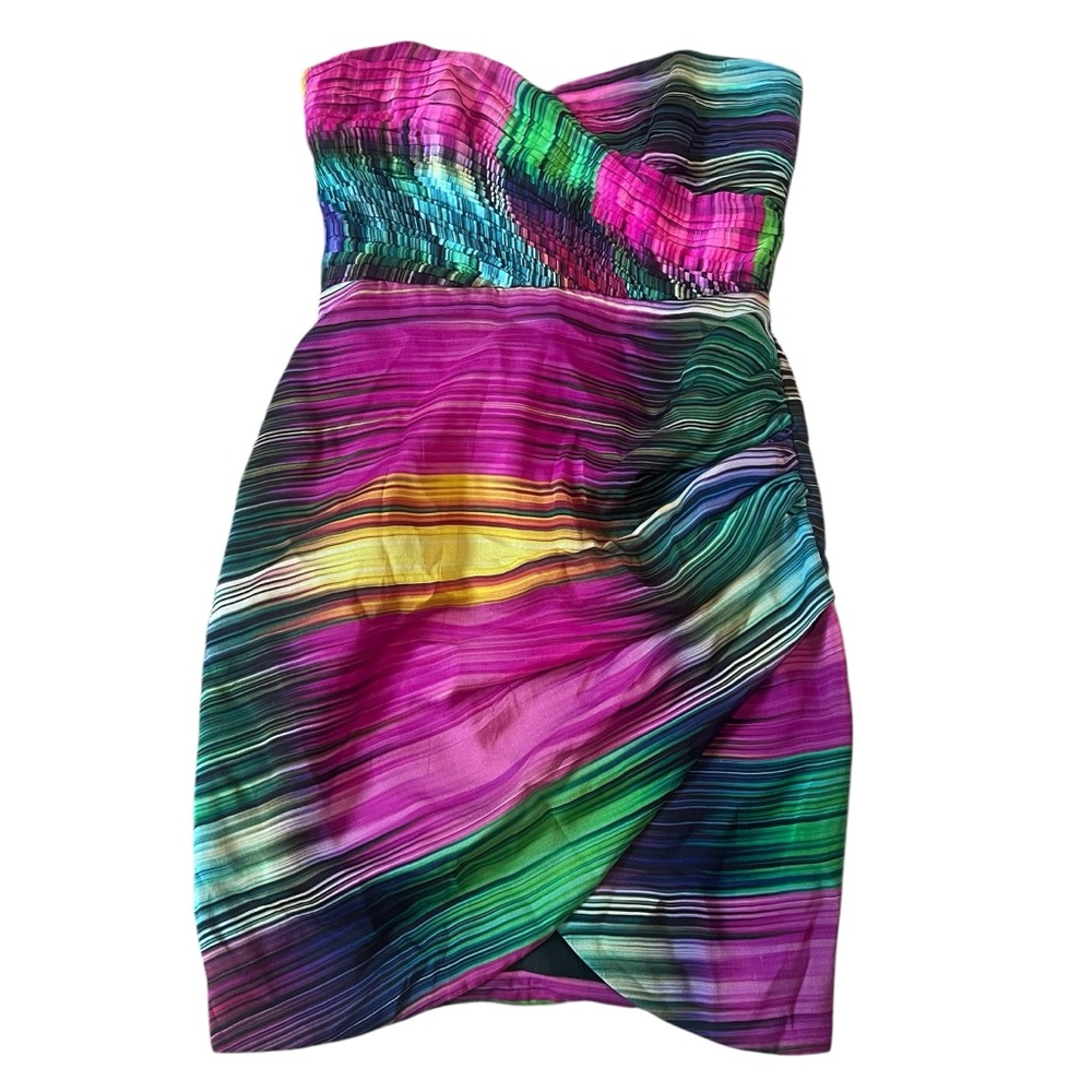 SHOSHANNA Silk Strapless Ruched Bodycon Mini Dress‎ Colorful Stripe Print Size 2